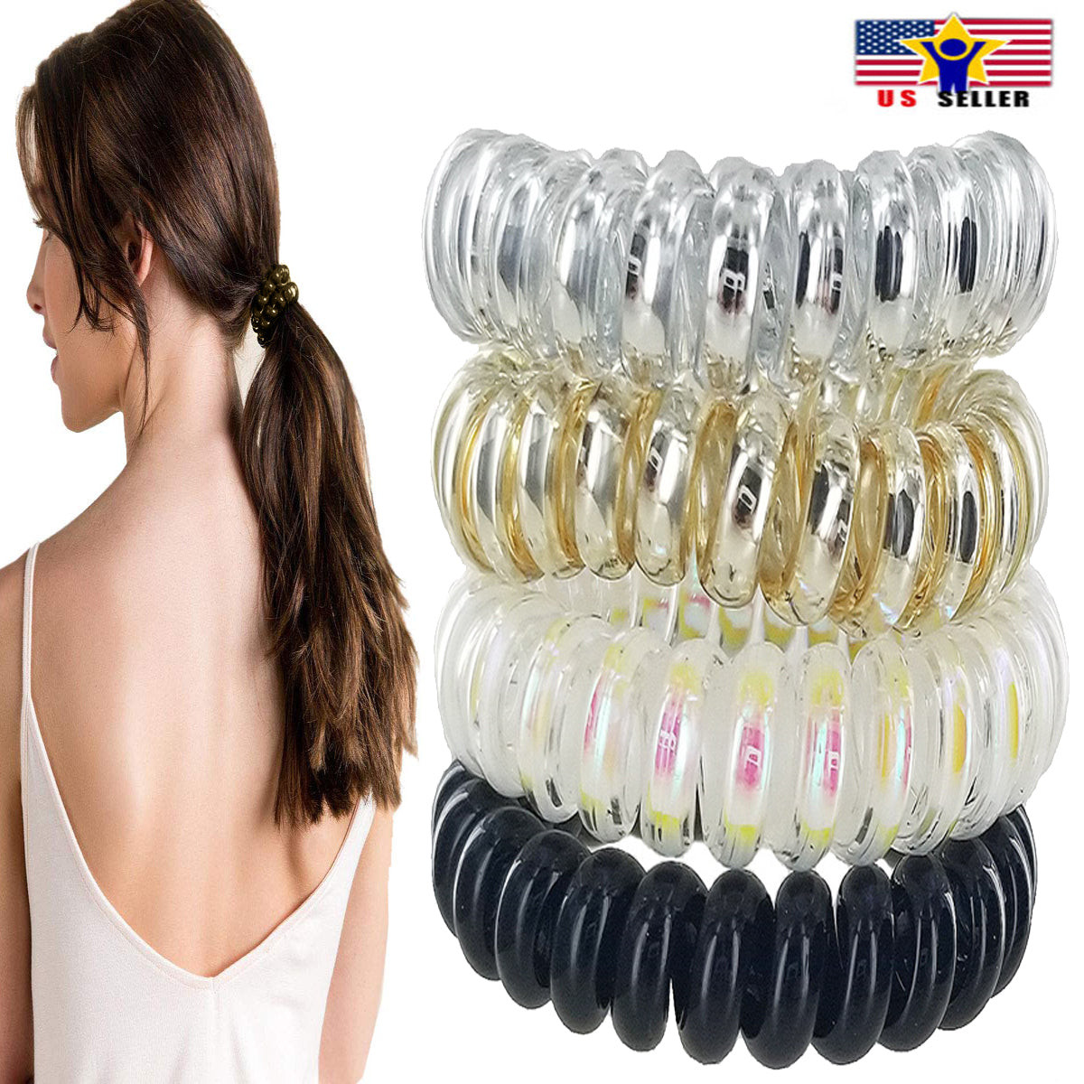 4 Spiral Hair Ties Traceless No Crease Metallic Coil Phone Cord Ponytail Holder