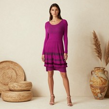Boho Lagenlook Knee Length Jumper Dress Purple Floral Fine Knit Tiered US 3