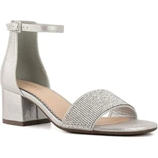 New London Fog Womens 6.5 Silver Blingy Nikki 2" Heel Open Toe Ankle Strap Shoes