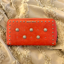 Miu Miu Pink Studded Zip-Around Wallet w/ Logo Accents Credit Card