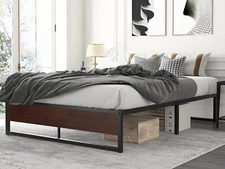 14 Inches Metal Platform Bed Frame with Rustic Wood Footboard