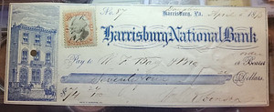 1875 HARRISBURG NATIONAL BANK CHECK DATED 1875 for $74.24
