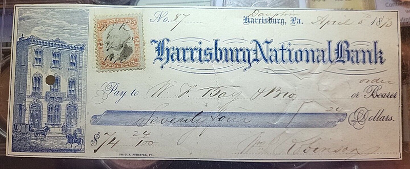 1875 HARRISBURG NATIONAL BANK CHECK DATED 1875 for $74.24