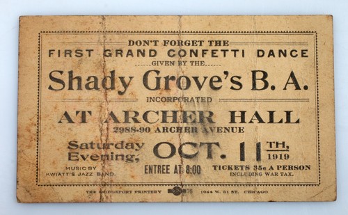 Vintage Chicago Dance Ad Card 1919 Shady Grove B.A. Confetti Dance Archer Hall