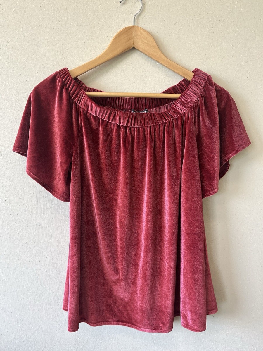 Chelsea & Theodore Velvet Off Shoulder Swing Top Blouse Red