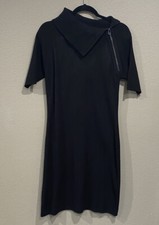 Calvin Klein Sz M Black Knit Sweater Dress Asymmetric Neck Zip Collar Womens
