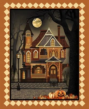 35" Fabric Panel | Henry Glass Halloween Haunted Village House Scene Black