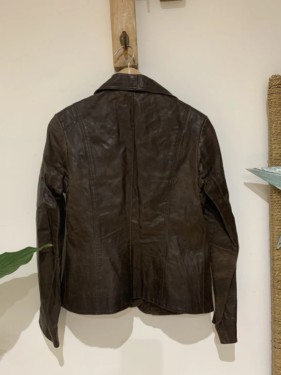Y2K New Look 90s 00s Vintage Genuine Leather Brown Short Blazer 