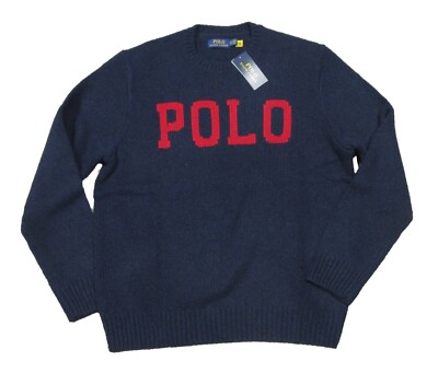 Polo Ralph Lauren Men's Navy Logo Cable Knit Wool Blend Crew Pullover  Sweater
