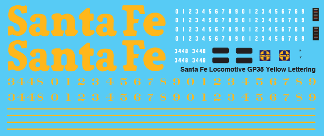 HO Scale - Santa Fe Locomotive GP35 Yellow Lettering Decals