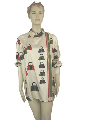 NEW ROBERTA di CAMERIMO ICONIC SILK LOGO BLOUSE W/ LOGO BUTTONS sz EU 50, US 16