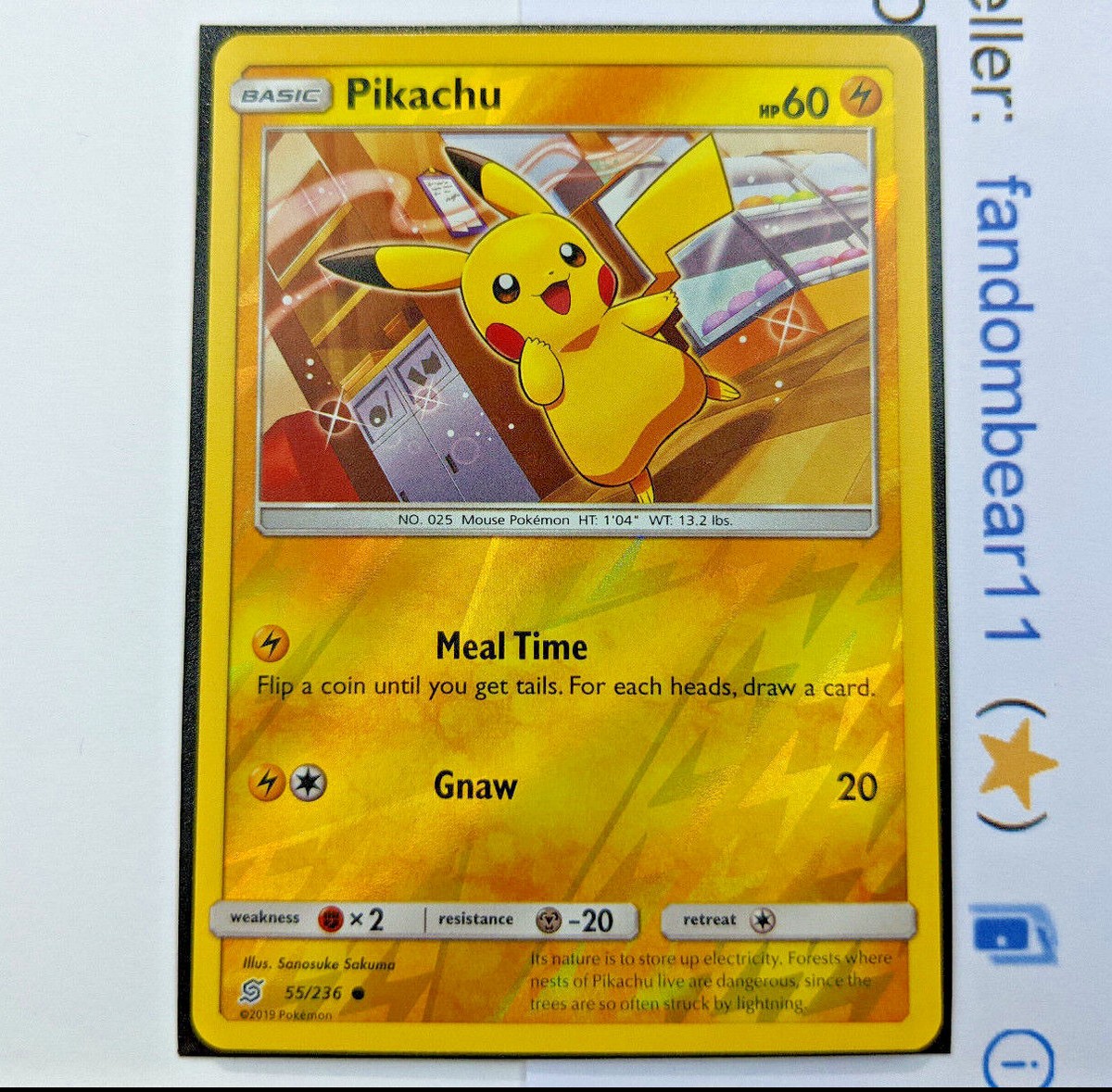 Pikachu REVERSE HOLO card 55/236 Sun & Moon Unified Minds 2019