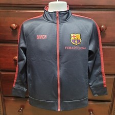 FC Barcelona BARCA Soccer Jacket Boys Sz L Blue FCB Full Zip Long Sleeve Logo