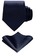 TIE G Solid Satin Woven dyed Color Formal Necktie and Pocket Square Dark Navy