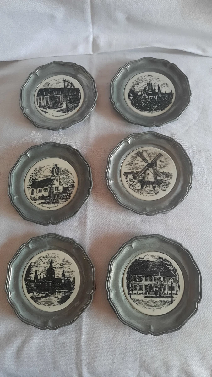 8 Untersetzer kleine Wandteller Zinn mit Keramikeinsatz, alt, vintage, Hannover