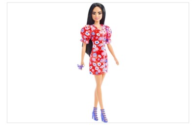 Barbie Fashionistas Doll #177 with Black Hair in Floral Dress & Strappy Heels