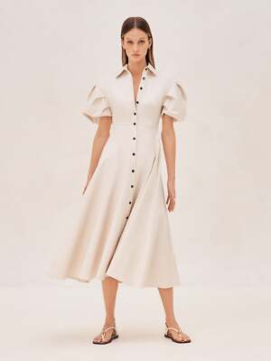 Alexis Amilya Puff Sleeve Stretch Cotton Midi Shirt Dress Ivory S M L