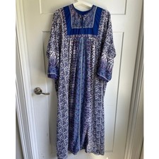 Vintage Blue Paisley 100% Cotton Muumuu Caftan Maxi Dress Boho Long Sleeve