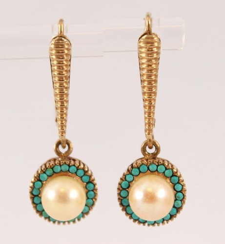 Antique 9/10K Gold Cultured Pearl & Petite Point Turquoise Halo Dangle Earrings