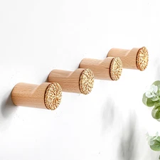4 Pcs Boho Rattan Wall Towel Hooks Rustic Wooden Hat Rack Decorative Woven Wi...