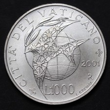 2001 Vatican City 1000 Lire Silver Coin -John Paul II - Peace  KM# 338   BU