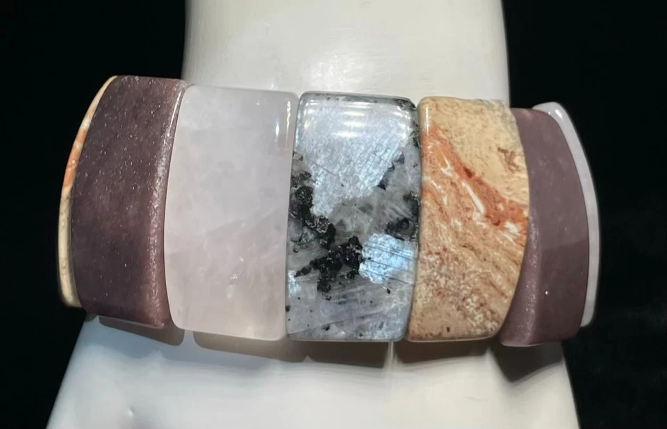 粗宝石手链玫瑰石英毕加索碧玉拉长石弹力大胆 7 — 第 3/4 张图片