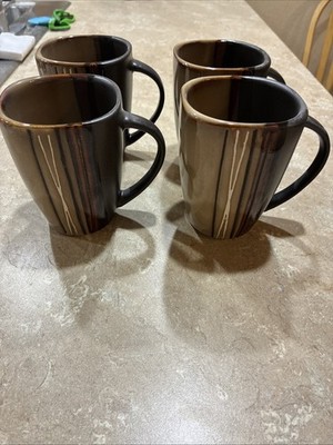 Set Of 4 Better Home Trends Browns And Black Art Pottery Style Coffee Mugs