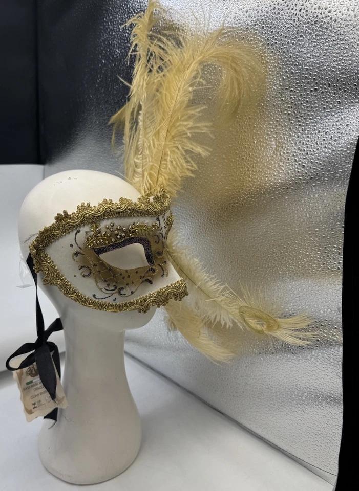 Venice Hand Painted Mask La Maschera Del Galeone, Italy Masquerade Gold Feathers - Image 4 of 4