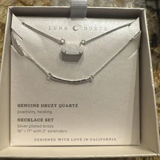 Luna Norte Genuine Druzy Quartz / Silver Plated Brass Necklace Set NEW