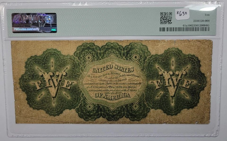 1862 $5 Legal Tender Five Dollars PMG VG10 No Comments Circulated Fr.61a *K630 - Image 3 of 4