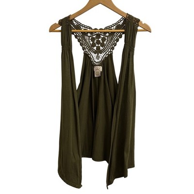 Womens Large Olive Green Tank Top Open Vest Crochet Racerback Tank Shirt