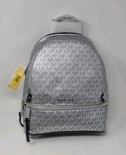 NWT - Michael Kors RHEA Zip Medium Backpack Silver/Black