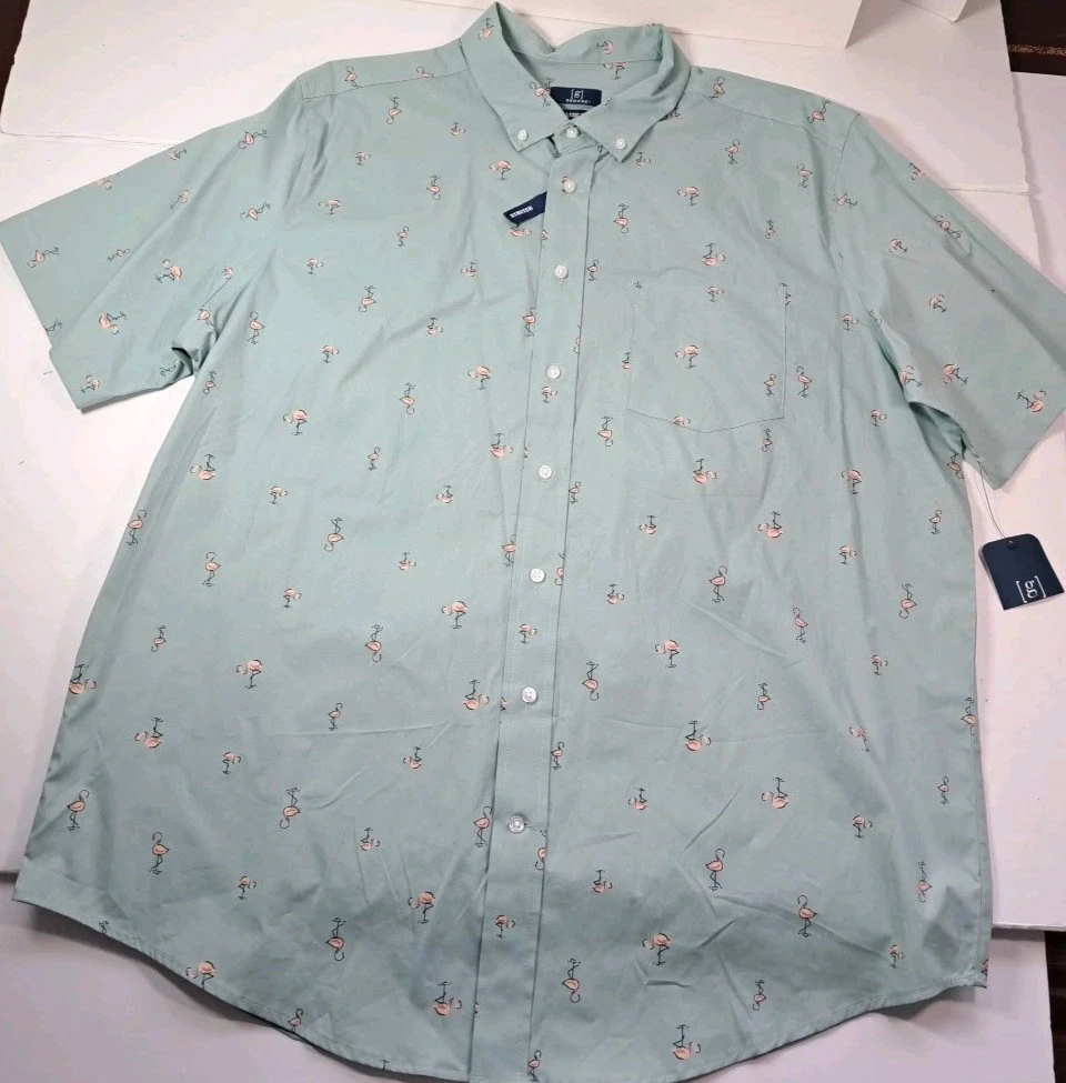George Mens Polo Shirt Teal Color With Pink Flamingos Pattern Size 2XL