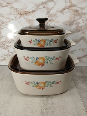 Vintage Corningware Abundance 6 Piece Casserole Set Pyrex Lids - 1L, 3L, & 5L