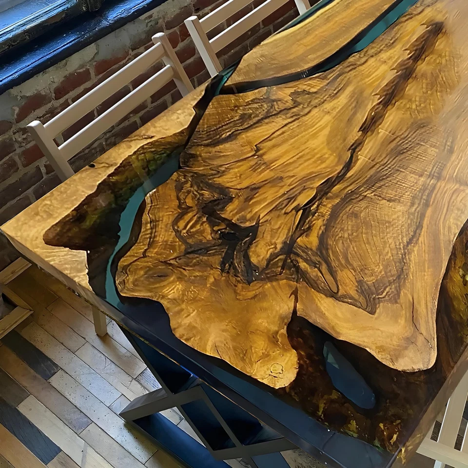 Custom Blue Epoxy Resin Wood Kitchen Table Top | Handcrafted Modern Furniture - Image 3 of 4