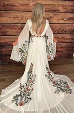 White Silk Chiffon V-neck Floral Print Long Sleeves Long Train Party Dresses