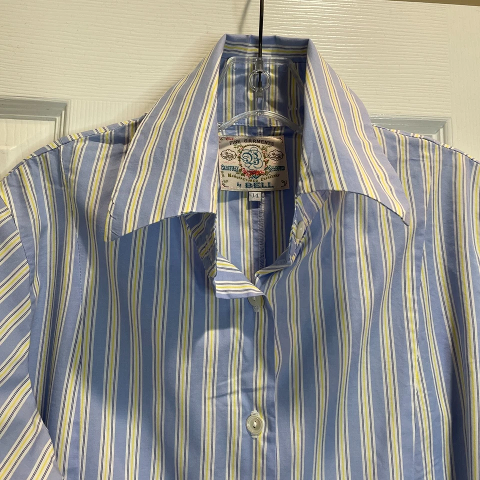 Fine Garments by Bell Women's 14 Blue Yellow Striped 3/4 Ruffle Sleeve Blouse - Image 2 of 4