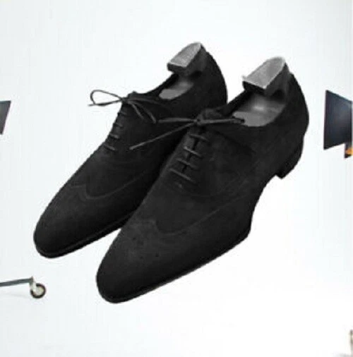 Handmade Men Black Suede Wingtip Shoes Black Formal Shoes Men s