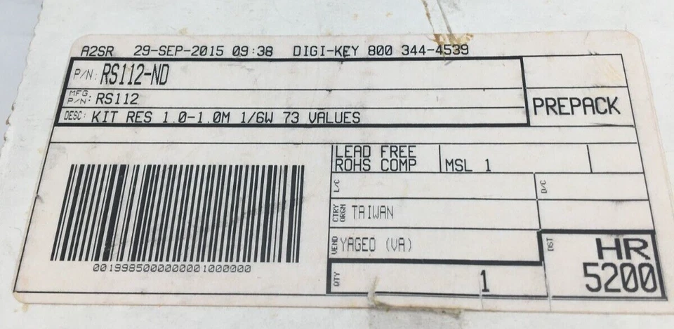 Digi-Key Resistor Kit Res 1 0-1 OM 1/SW 73 Valves Lead Free RS112-ND NIB - Image 2 of 4