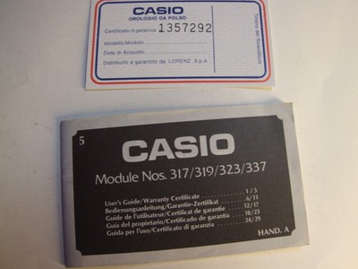 VINTAGE CASIO MODULE NOS. 317/319/323/337 GUIDA PER L'USO/CERTIFICATO GARANZIA 