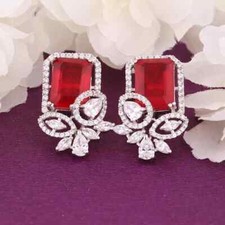 2Ct Simulated Red Ruby 14K White Gold Plated Emerald Cut Women's Stud Earring