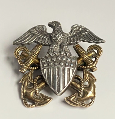 Vintage WWII US Navy Offiziere Silber Pin Mützenabzeichen Adler Schild vergoldete Anker