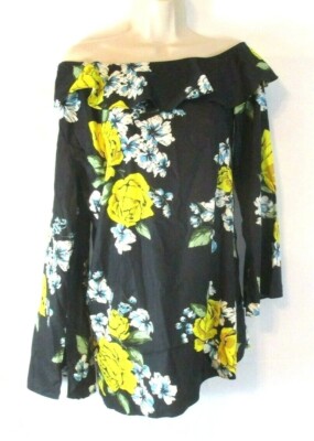 New Du Jour One Shoulder Shirt Ruffle Neck Sz 6 Black Floral A293738 Women YU9
