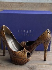 Stuart Weitzman Womens 5M  Lille  Cognac Tiger/Snake Print Open Toe Pumps MINT