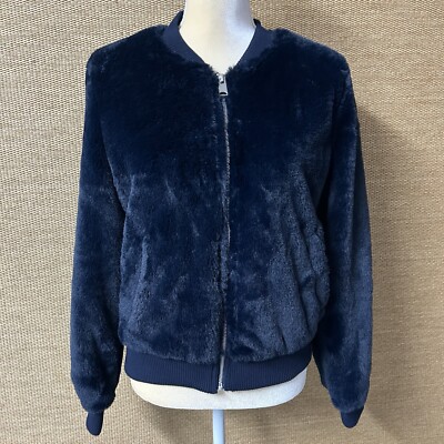 Love Tree Bomber Jacket Women Large Blue Faux Fur Full Zip Teddy Bear Fuzzy NWOT