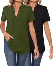 2 Pcs Women's V Neck Tops Short Sleeve Summer Casual Shirts Small Black Army Gre