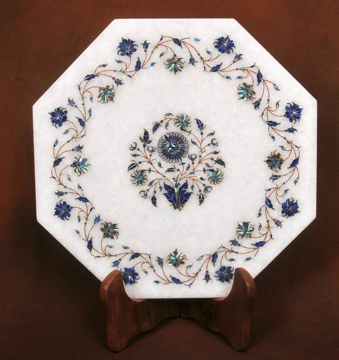 15-inch marble coffee table with semi-precious stone floral inlay decor