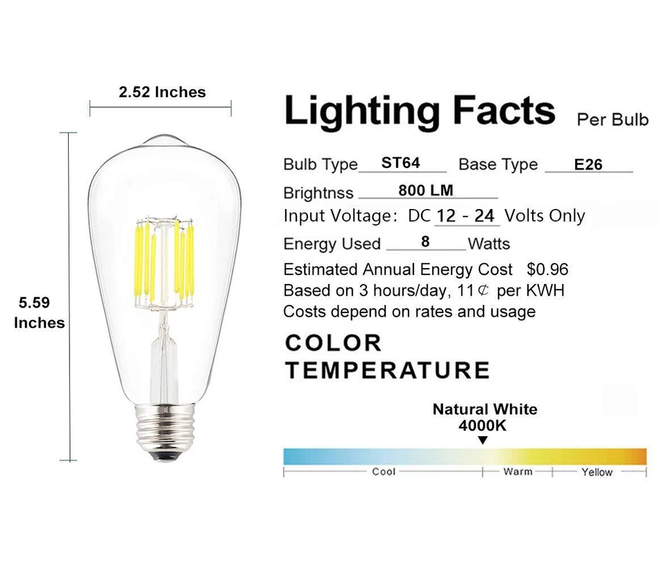 12V 24V DC Input 8W LED Bulb ST21(ST64) Style Dimmable with 12V DC Dimmer 400... - Image 3 of 4
