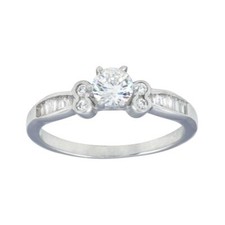 Sterling Silver Ladies Ring w/ Baguette Cut  5 mm 0.5 ct Round Cut Center CZ