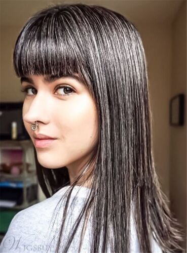 Smooth Straight Full Bang Salt And Gray Pepper Hair Capless Wigs 18 In |  eBay